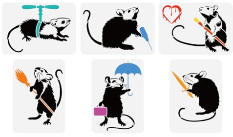 FINGERINSPIRE 6 Stück Banksy Ratten Malschablone 21x29.7 cm Wiederverwendbare Banksy Liebesratten Zeichnungsschablone Maus Muster Banksy Themen Schablone Zum Malen Auf Holz Wand Leinwand Stoff Möbeln