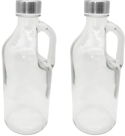 Acan Tradineur - Pack de 2 Botellas de Cristal con asa 1000 ml, Tapa de Rosca de plástico y Metal, Jarra dispensadora 24,7 x 9,5 cm para Agua fría o Caliente, Bebidas, té Helado