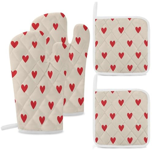 Set di 4 guanti da forno e presine a forma di cuore, resistenti al calore, antiscivolo, con fodera in morbido cotone, guanti spessi da cucina, presine per cottura al forno, barbecue