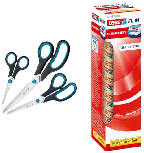 Westcott N-90027 00 Easy Grip Scheren Set, 3 Stück, 13,8cm + 20,1cm + 24,8 cm, schwarz-blau & tesafilm transparent - Transparentes Klebeband