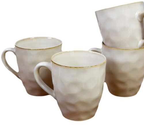 Darthome Hammered Stoneware Mugs 380ml Set of Four Large Cream Dimple Round Kitchen Cups