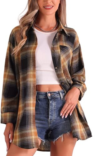 Allegra K Donna Camicia in Flanella Scozzese Vintage A Maniche Lunghe con Bottoni E Colletto Rovesciato, Camicette Top Cardigan Casual con Tasca Caramello Nero M