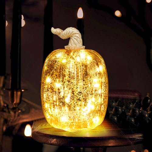 YiYa Herbstdeko Kürbis Deko Groß Gold Glas Kürbis Dekor Halloween Deko Kürbis Kürbis Deko Figuren für Tischdeko, Party, Herbst Dekoration Halloween (19CM*14CM)