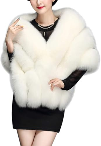Suncadmious Luxe Fausse Fourrure Châle pour Femmes Hiver Manteau De Fourrure De Fête De Mariage Étole Wraps pour Robes De Soirée (Blanc,Une Taille)