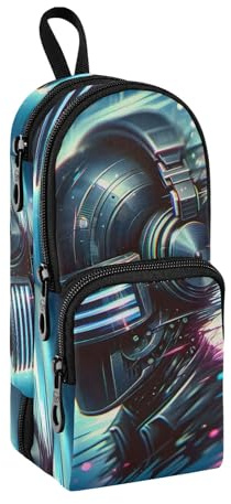 A Black Head Helmets Blurred Digital Art Style Pencil Case, Big Capacity Pen Bag with Compartment Students Schoolbag Shape Stationery Organizer Pencil Pouch Marker Case for School Office Work
