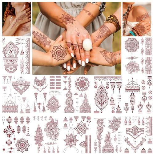 DPKOW 12pcs Brown Red Lace Temporary Tattoos, Mandala Flower Tattoo Stickers for Woman Girls Hand Arm Body Art, Indian Fake Tattoos Eid Wedding Party Favors, Waterproof Bohemia Temporary Tattoos