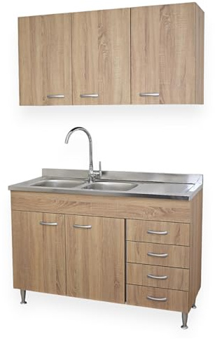 Yellowshop - Mobile cucina sottolavello a 2 ante e cassettiera cm 120 effetto legno Rovere Well componibile con lavello inox e scolapiatti Basic (Sottolavello completo piano DX)