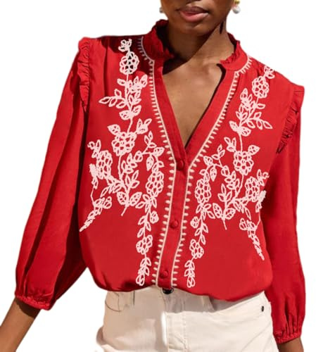 Melliflo Embroidered Tops for Women 3/4 Sleeve Peasant Blouse V Neck Button Down Shirts Dressy Casual