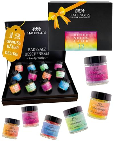 Hallingers Genuss Manufaktur Badesalze Weihnachts-Geschenk-Set - 12x Badezusatz mit Totes Meer Badesalz edle Geschenkbox, Badekristalle Fußbad & Spa Gutes Neues Jahr, Weihnachten für Frauen Männer
