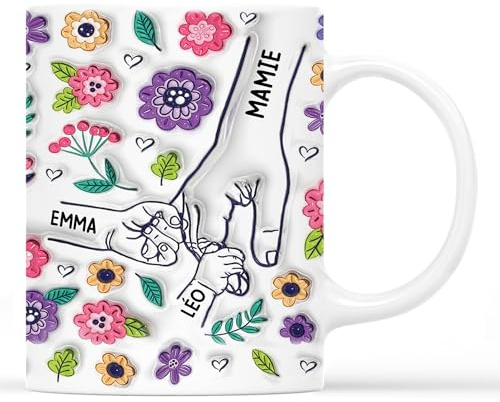 Cadeau Plus Mug Personnalisé Prénom - Mamie Maman Tenant Les Mains - Cadeau Mamie, Tasse Personnalisée Maman, Cadeaux pour maman, Mug grand mere (Modèle 3)