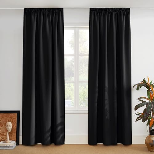 PONY DANCE Schlafzimmer Gardinen mit Kräuselband H 210 x B 140 cm | 2er Set, Schwarz, Verdunklungsvorhänge Schlafzimmer, Blickdicht, Thermovorhang Hitzeschutz, lichtundurchlässig, Curtains
