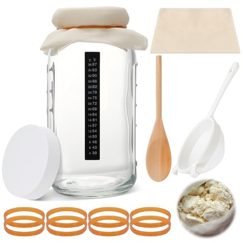 8 Pcs Kefir Starter Kit 64 oz Mason Fermentation Jar with Strainers | Kombucha Starter Kit, Milk Fermentation Jar, Plastic Lid, Cotton Cloth, Wood Spoon, Mesh Strainer for Kombucha Brewing