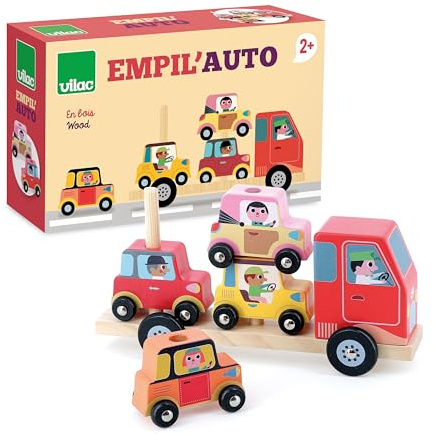 VILAC - Empil'auto 4 pièces - Ingela P.Arrhenius - Voiture en Bois - 1 Camion + 1 remorque + 4 véhicules - Jeux d'Eveil pour Enfant en Bois - Jouet pour Enfant Dès 2 Ans - 7636