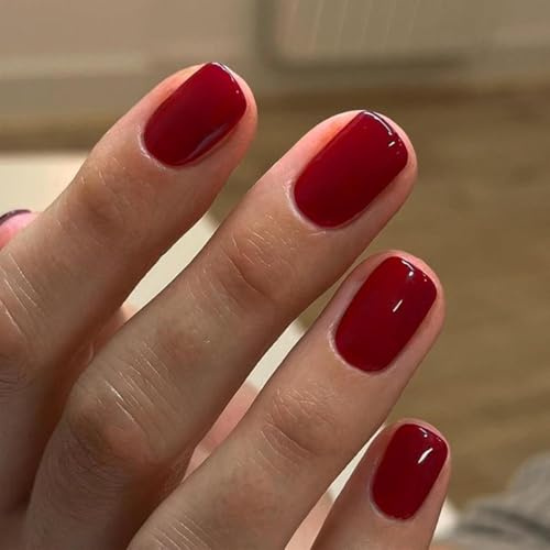 KQueenest Rot Press On Nails Kurz Eckig - Künstliche Nägel zum Aufkleben Kurz, Natürlich Einfarbig Fake Nails Fingernägel zum aufkleben, Glänzende Gel Full Cover Acryl Nägel für Frauen, 24 Stück