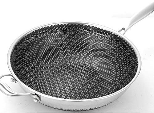 Wok antiaderente a induzione da 38 cm con coperchio in vetro temperato e manici per rimanere freschi, padella per cucinare senza orecchie