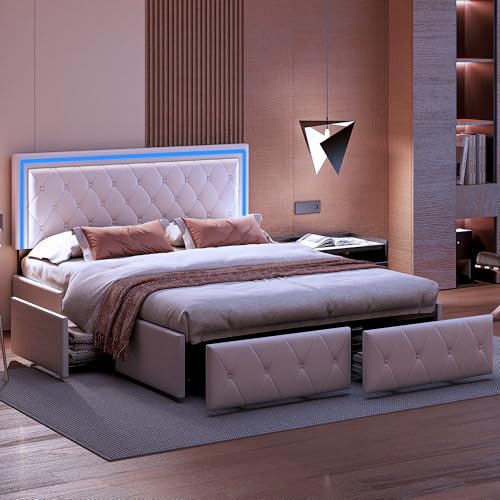 BRILVERDE Lit Double 160x200 avec sommier et Rangement, avec LED, Lit Coffre avec tête de lit et 4 Tiroirs, pour Adultes et Adolescent, PU (Beige, 160 x 200 cm)