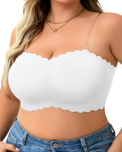 USEASY Strapless Bra Push up for Women Plus Size Wireless Bra with Clear Straps Extra Push up Non Slip Bandeau White 3XL