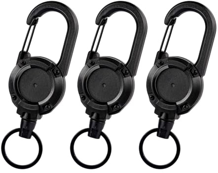 Heavy Duty Retractable Keychain, Retractable Badge Holder Reel, with 23.6'' Steel Cord,Tactical ID Badge Reel, Key Ring Outdoor (3 Black)