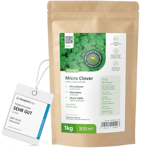 Micro-trèfle - 1 kg pour 300 m² - Résistant à la sécheresse - Pelouse extra dense et verte sans mousse - Libération lente d’azote - Faible besoin en entretien