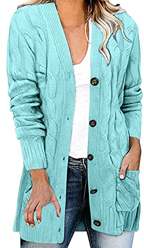 Cárdigan de ganchillo para mujer, suéter ligero de punto largo, con frente abierto, manga larga con bolsillos, azul claro, L