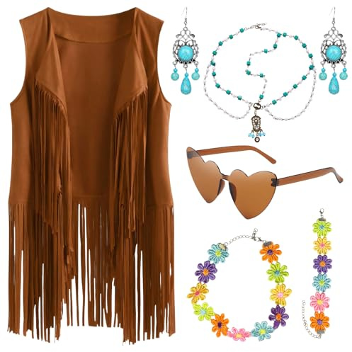 Pluvyze Hippie Kostüm Damen Fransenweste Damen Hippie Kleidung 70er Klamotten Mit Tiaras, Ohrringe, Halsketten, Armbänder, Sonnenbrillen Ideal für Fasching Und Mottopartys