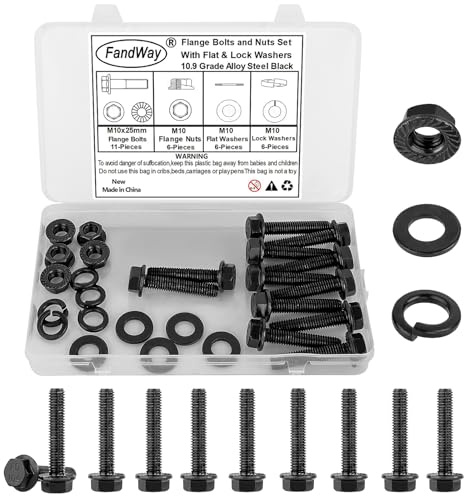 FandWay M10x25mm Flange Head Bolts Black,29 Pcs Flanged Hex Serrated Bolts and Nuts Set With Flat Lock Washers,Flange Hexagon Machine Screws 10.9 Grade Alloy Steel,External Hex Drive Fully Threaded.