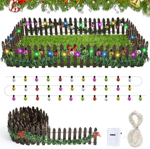 Wichtel Zaun, Wichtel Zubehör Weihnachten, Mini Lichterkette Wichtels, Miniatur Zaun Gartenzaun Holz, Puppenhaus Zubehör mit 100 cm Deko Lichterkettes und 200 cm Wichtels Lichterkette LED (F）