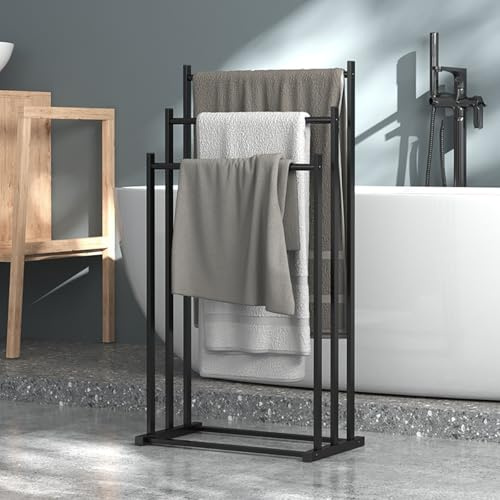 BRAVECOW 3-Tier Vertical Towel Rack, Anti-Rust Carbon Steel Freestanding Towel Rod Holder for Bathroom Accessories Storage, Washcloths Laundry Drying