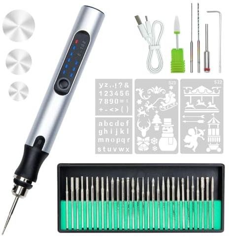 BEE&FLOWER Elektrischer Gravierstift – USB Wiederaufladbarer Gravurstift mit 36 Bits, Einstellbar bis 18.000 U/min, Tragbare Graviermaschine für Schmuck, Holz, Glas, Metall, Keramik (Silber1)