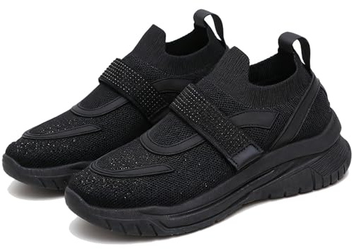 Rhinestone Knit Belt Sneakers for Women, Sparkly Glitter Platform Wedge Trainers Fashion Breathable Walking Tennis Shoes