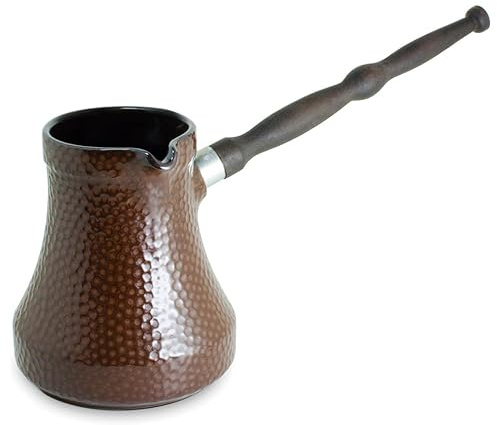 Ceramic Turkish Coffee Pot 650 ml (21.98 oz) Cezve Ibrik Briki Turka Hammered Brown Color with Removable Wooden Handle for Gas Electric Hobs