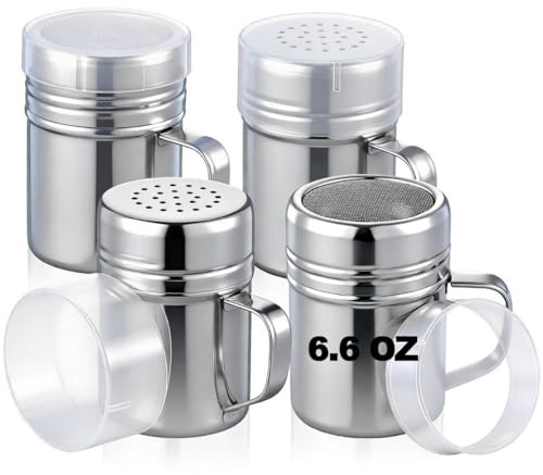 Domensi 4 Pcs Salt Pepper Dredge Shakers Powdered Sugar Shaker Duster with Handle Seasoning Spice Shakers for Lunch Box Restaurant Travel Camping BBQ Picnic Home(6.6oz with Handle,Stainless Steel)