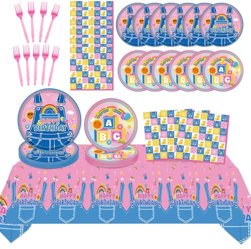 Aposwow Rachell Teacher Party Decorations - 98PCS English Teacher Themed Birthday Party Plates Napkins Forks Tablecloth Tableware Set Disposable, Rainbow Denim Overalls Rachel Bday Supplies Decor
