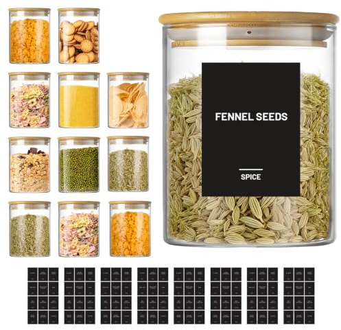 LLHONG 12 Pcs Glass Spice Jars with Lids and Labels, 300ml Airtight Jars | with Waterproof Pre-Printed Labels | Glass Storage Container | for Spice Salt Sugar Herb Seeds Nuts Coffee Flour