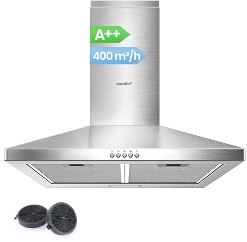 COMFEE' CH60A17EM400SS-EU Hotte Aspirante, 400 m³/h, 60cm, A++, Argenté | Recirculation et Évacuation, 3 Vitesses, Filtre Charbon Actif Inclus, Filtre à Graisse Lavable, Cheminée Réglable, Lampe LED