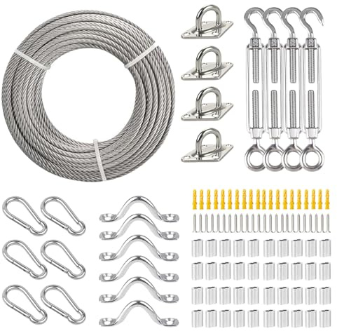 Hanured 5mm Cavo Acciaio Rivestito 30m, M8 Tenditore Acciaio e Morsetti per Filo Stendibiancheria, per Stendibiancheria, Appendere Lamp