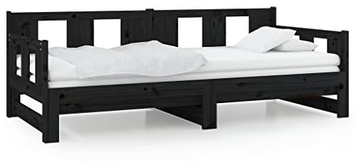 Foknhdi Tagesbett ausziehbar aus massivem Kiefernholz, 2-in-1 Schlafsofa und Gästebett, Platzsparendes Funktionsbett mit Rollbett, Schwarz, für 2 Personen, 90x190 cm