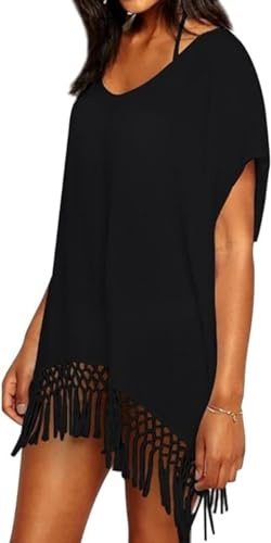 Damen Chiffon Strandkleid Sommer Bikini Cover Up Strandponcho strandtunika mit Quasten MEHRWEG