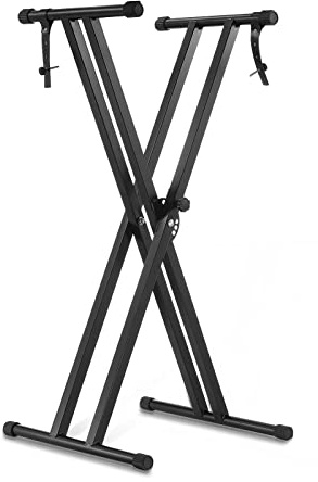 Soporte para Teclado, Adecuado para Teclado Electrónico 61 76 88, Marco Reforzado con Doble X, sin Ensamblar, 8 Alturas Ajustable con Correas de Seguridad y Goma Antideslizante, Piano Digital, Negro