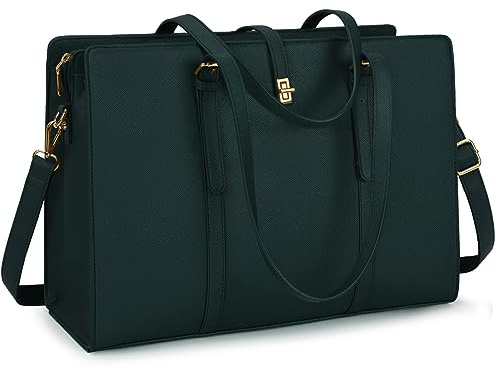 IGOLUMON Handväska dam, shopper, stor, svart, vattentät laptopväska, 15,6 tum, PU-läder, arbetsväska, axelväska, för business, arbete, kontor, skola, Mörkgrön