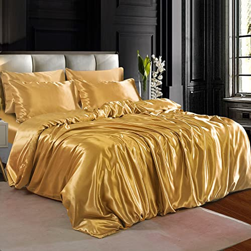 ZIMEL HOMES 6 piece-Satin Duvet Set Soft bedding shiny silky sets cover, Fitted sheet set, 4 pillow cases, complete bed set-Double, King, Super king (Dull-Gold, Double), (ZH-SATIN)