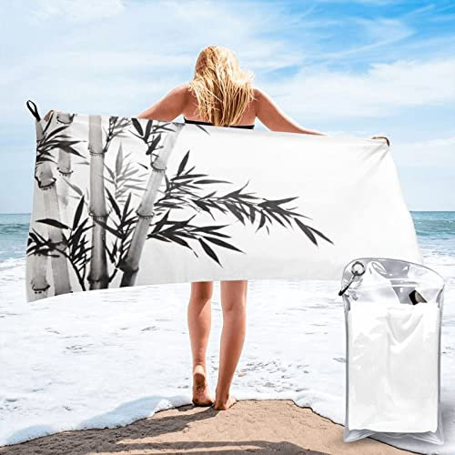 OPSREY Bamboo Tree Image Chinese Calligraphy printed Soft Quick Dry Bath Towel Beach Towel with Travel Bag
