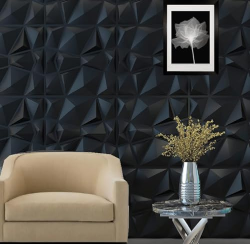 Lot de 15 panneaux muraux 3D en PVC texturé avec losanges noirs 30 x 30 cm