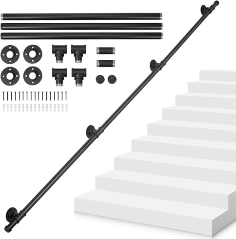 bimiti Black 2.5 m Stair Handrail Industrial Metal Railing for Indoor/Outdoor, Wall Handrail, Stair Handrails, 250 cm