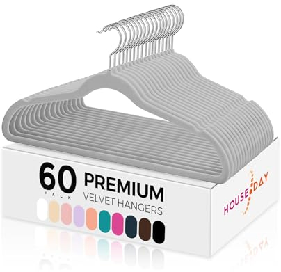 HOUSE DAY Grey Velvet Hangers 60 Pack-Premium Clothes Hangers Non-Slip Felt heavy Duty Coathanger, Durable Suit Hanger for Space Saving, No Hanger Marks 360 Rotating (Grey, 60 Pack)