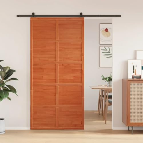 Tidyard Porte de Grange Marron Cire 100x208 cm Bois Massif de pin, Panneau de Porte d'intérieur pour Chambre, Cuisine, Grange, Salon Style B