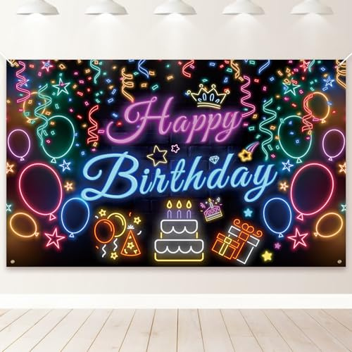 PartyYaa Geburtstag Banner, Happy Birthday Banner Deko für Kinder, Extra Großes Geburtstag Party Fotoautomaten Hintergrund Deko Schild Poster für Mädchen und Jungen (Schwarz Neon)