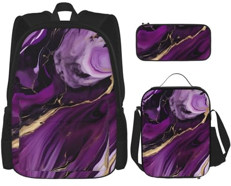 OXKGHHO Juego de mochila de trabajo con estampado de mármol y textura morada oscura con lonchera aislada, correas ajustables, para gimnasio y uso diario, Negro -, Talla única