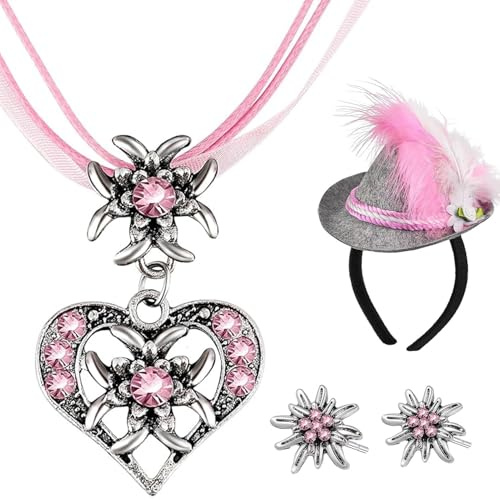 YDUNARISE Trachtenschmuck Damen Set,Trachtenkette Ohrringe mit Strass Edelweiß Herz Anhänger,Oktoberfest Accessoires
