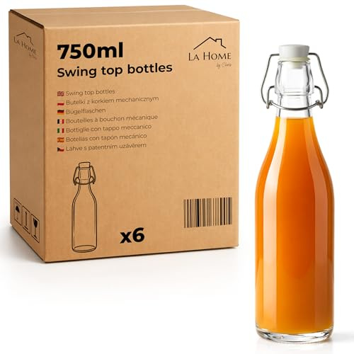 La Home by Chris Glasflaschen mit Bügelverschluss - Nachfüllbare Bügelflaschen aus Klarglas für Saft, Limonade, Öl, Essig, Liköre & Sirup (6, 750ml)